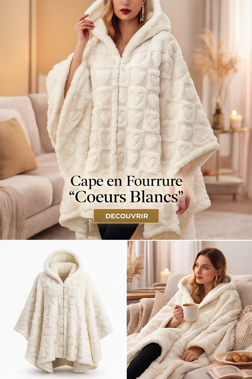 Poncho Plaid Doux à Capuche – Motif Cœurs | Ultra Chaud & Confort